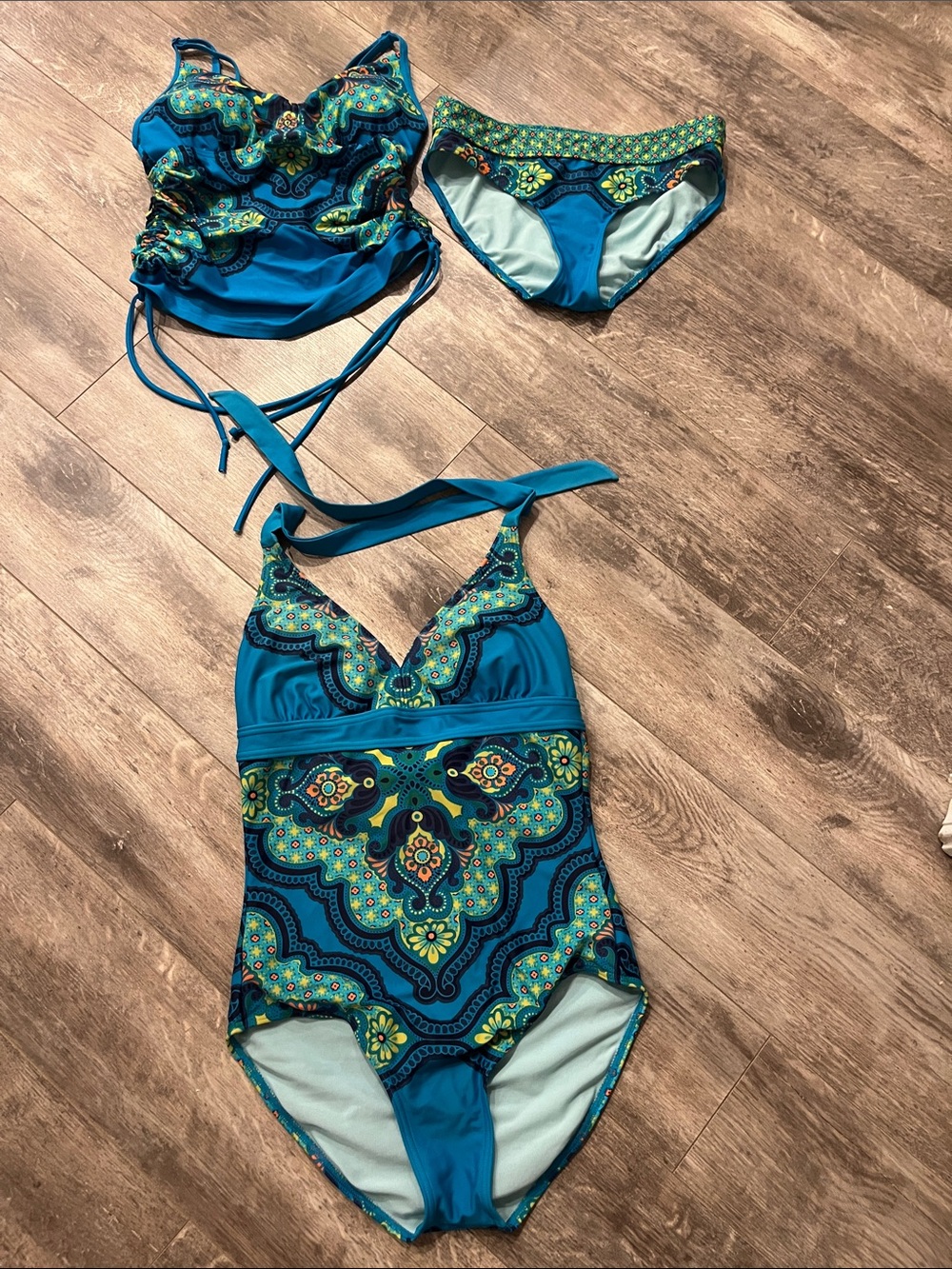 Prana Blue Green Patterned Tankini & Bikini Set with One Piece included